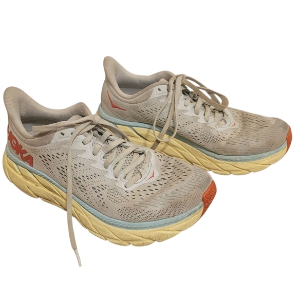 Hoka One One Women's Clifton 7 Lace Up Running Shoes Sneakers Size 7.5 Red Gray - Picture 2 of 6